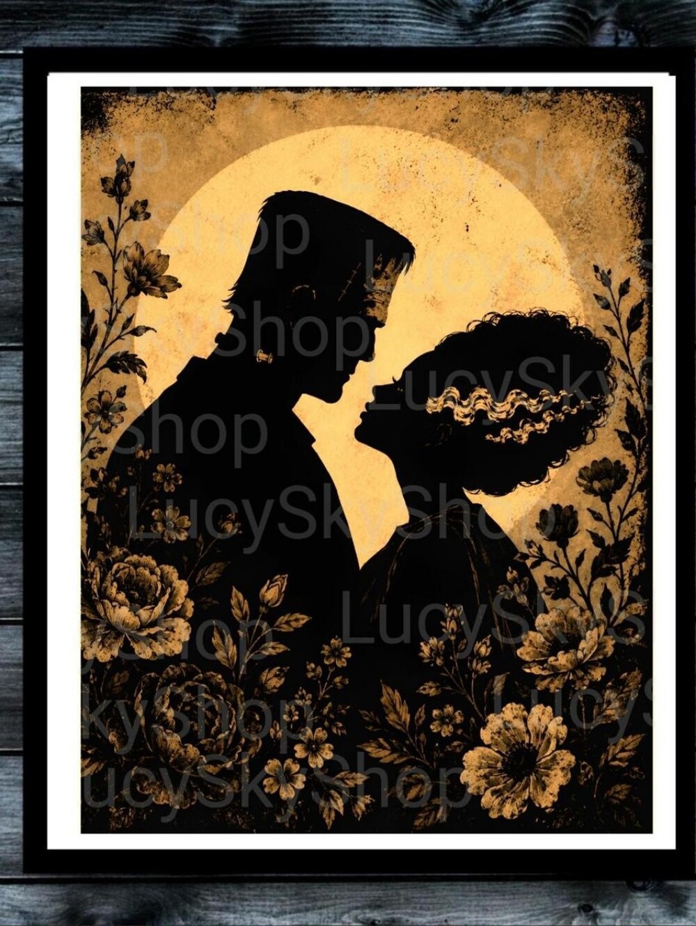 Frankenstein Monsters in Love Floral Everyday is Halloween Vintage Style Art P